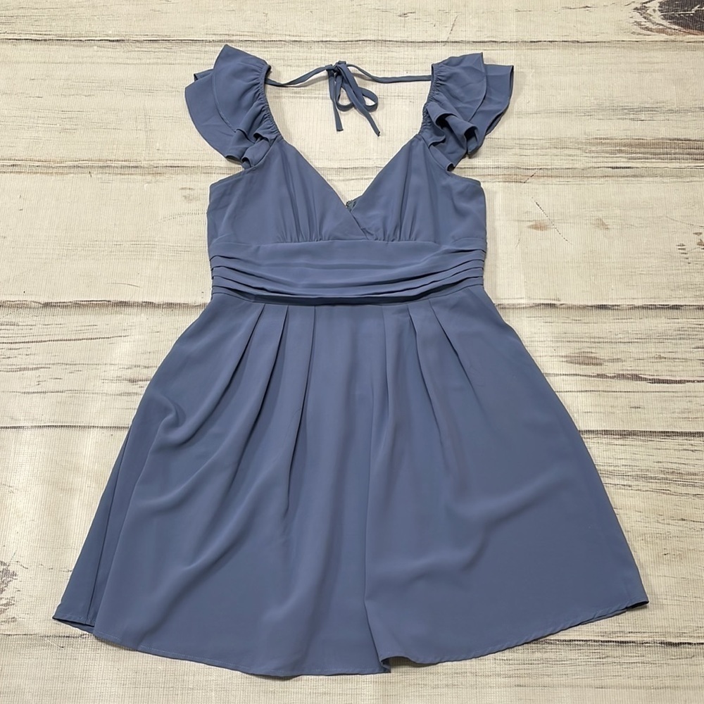 Mint Choco Blue Ruffle Sleeve V-Neck Mini Dress NWT Open Back Size Large L - Picture 12 of 17